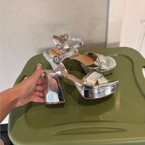 Gianni Bini Silver Metallic Platform Block Heels